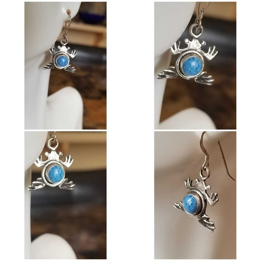 Genuine Old Pawn Turquoise Frog Earrings 1" - Picture 2 of 4